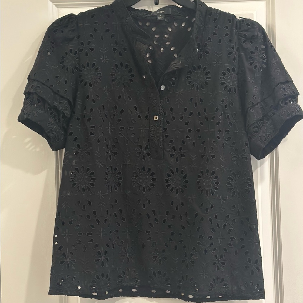 EUC J. Crew Black Eyelet Blouse Top Medium